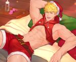  1boy abs absurdres alternate_costume armpits bara bare_arms bare_pecs bare_shoulders blonde_hair bulge christmas fur-trimmed_legwear fur_trim granblue_fantasy green_eyes hat highres hood hoodie leather_belt lying male_focus muscular muscular_male navel on_back pectorals red_hoodie red_shorts reward_available santa_costume santa_hat short_hair shorts sideburns sidepec sleeveless sleeveless_hoodie solo spread_legs stomach thick_thighs thighs vane_(granblue_fantasy) zhineart 