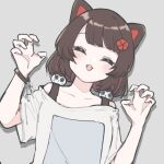  1girl 2015ma14 animal_ears black_tank_top blush brown_hair casual claw_pose closed_eyes collarbone commentary dog_ears face facing_viewer fangs flat_chest flower grey_background hair_flower hair_ornament hands head_tilt inui_toko nijisanji off-shoulder_shirt off_shoulder official_alternate_costume open_mouth romaji_commentary shirt short_hair simple_background smile solo tank_top upper_body virtual_youtuber white_shirt wristband 