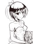  1girl bare_shoulders boa_(brianoa) bouquet breasts character_request cleavage dress elbow_gloves flower gloves greyscale hair_ornament looking_at_viewer monochrome short_hair smile solo wedding_dress white_background 