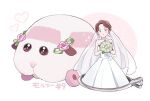  1girl ame8pui bouquet bridal_veil bride brown_eyes brown_hair commentary_request diamond_(gemstone) dress earrings flower gem ground_vehicle guinea_pig heart holding holding_bouquet jewelry long_dress molcar motor_vehicle pink_flower pui_pui_molcar red_lips ring rose strapless strapless_dress veil wedding_dress wedding_molcar wheel white_dress white_flower 