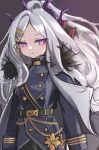  1girl beliatan belt blue_archive gothic_lolita hair_ornament highres hina_(blue_archive) lolita_fashion long_hair long_sleeves military military_uniform ponytail purple_eyes solo uniform uniform_vest white_hair 