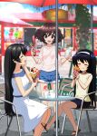  3girls :d :t absurdres ahoge akiyama_yukari bangs black_footwear black_hair blue_shorts blue_skirt blurry blurry_foreground brown_eyes brown_hair casual chair closed_eyes closed_mouth clothing_cutout commentary_request crepe day denim denim_shorts depth_of_field dress eating excel_(shena) eyebrows_visible_through_hair food girls_und_panzer hairband hand_on_own_face highres holding holding_food isuzu_hana long_hair long_sleeves looking_at_viewer medium_dress messy_hair miniskirt multiple_girls open_mouth outdoors pencil_skirt pink_shirt reizei_mako revision sandals shirt short_hair short_shorts shorts shoulder_cutout sitting skirt sleeveless sleeveless_dress sleeveless_shirt smile standing sweatdrop table tree umbrella white_dress white_hairband yellow_shirt 