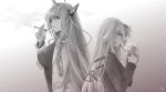  2girls ahoge akai_haato black_jacket blonde_hair braid breasts cosplay dragon_horns grey_jacket grey_shirt greyscale highres hololive horns jacket kiryuu_coco kiryuu_kazuma kiryuu_kazuma_(cosplay) large_breasts long_hair majima_gorou majima_gorou_(cosplay) monochrome multicolored_hair multiple_girls orange_hair ryuu_ga_gotoku ryuu_ga_gotoku_0 shirt signature streaked_hair virtual_youtuber white_shirt yqilim 