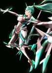  1girl absurdres armor bangs breasts chest_jewel earrings gem gloves green_eyes green_hair hair_ornament headpiece high_heels highres jewelry large_breasts long_hair long_ponytail pneuma_(xenoblade) ponytail risumi_(taka-fallcherryblossom) simple_background smile solo swept_bangs tiara very_long_hair xenoblade_chronicles_(series) xenoblade_chronicles_2 