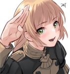  1girl :d artist_name bangs black_jacket blonde_hair blush check_commentary commentary_request da-cart eyebrows_visible_through_hair fire_emblem fire_emblem:_three_houses fire_emblem_heroes garreg_mach_monastery_uniform green_eyes hand_up highres ingrid_brandl_galatea jacket long_hair long_sleeves looking_at_viewer open_mouth signature simple_background smile solo upper_body white_background 