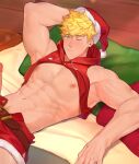  1boy abs absurdres alternate_costume armpits bara bare_arms bare_pecs bare_shoulders blonde_hair blush christmas erection fur-trimmed_legwear fur_trim granblue_fantasy green_eyes hat highres hood hoodie leather_belt lying male_focus muscular muscular_male navel on_back out-of-frame_censoring pectorals penis red_hoodie red_shorts reward_available santa_costume santa_hat shirt_lift short_hair shorts sideburns sleeveless sleeveless_hoodie solo spread_legs stomach vane_(granblue_fantasy) zhineart 