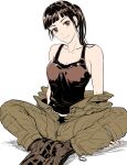  1girl absurdres ace_combat ace_combat_7 bangs bare_shoulders black_hair boots breasts brown_eyes cleavage collarbone feet_together full_body head_tilt highres huxian indian_style long_hair looking_at_viewer md5_mismatch medium_breasts off_shoulder pilot pilot_suit ponytail sitting smile takato15_c tank_top zipper 