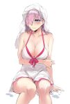  1girl absurdres breasts cleavage fate/grand_order fate_(series) feet_out_of_frame hair_over_one_eye highres knatb large_breasts lips looking_away mash_kyrielight pink_hair purple_eyes short_hair sitting solo swimsuit towel towel_on_head white_background 