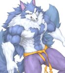  abs absurd_res anthro biceps blue_body canid canine canis capcom captainjohkid clothing darkstalkers fur hair hi_res jon_talbain male mammal muscular muscular_anthro muscular_male pecs simple_background solo video_games were werecanid werecanine werewolf white_body wolf 