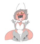  4_eyes ahegao animal_humanoid antennae_(anatomy) anthro areola areola_slip arthropod arthropod_humanoid big_breasts black_sclera blush bodily_fluids breast_squish breasts female grey_body grey_hair hair hi_res hole_(disambiguation) huge_breasts huge_tail humanoid looking_pleasured mossyartburger multi_eye nipple_outline peace_signs red_body saliva simple_background solo squish thick_thighs white_background wide_hips yellow_eyes 
