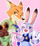  2021 anthro blush bottomwear buckteeth canid canine clothed clothing dipstick_ears disney duo female fox fully_clothed fur gesture green_eyes grin judy_hopps lagomorph leporid male mammal multicolored_ears necktie necktie_grab nick_wilde one_eye_closed open_mouth open_smile orange_body orange_fur pants purple_eyes rabbit red_fox shirt smile teeth topwear v_sign wink zoonckl zootopia 