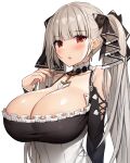  1girl :o azur_lane bangs bare_shoulders between_breasts black_bow black_dress blunt_bangs blush bow breasts cleavage collarbone commentary_request cross-laced_clothes detached_collar dress earrings exe_(xe) eyebrows_visible_through_hair formidable_(azur_lane) frills hair_ribbon hand_up jewelry large_breasts long_hair looking_ahead open_mouth platinum_blonde_hair red_eyes ribbon simple_background solo sweat twintails two-tone_bow upper_body very_long_hair white_background white_bow 