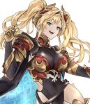  1girl armor bangs blonde_hair blue_eyes blush braid breasts cleavage glanbluefanta gloves granblue_fantasy hair_intakes hair_ornament hairband highres long_hair looking_at_viewer polearm simple_background smile solo spear thighhighs twintails weapon zeta_(granblue_fantasy) 