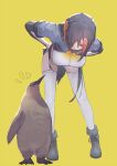  1girl absurdres asymmetrical_hair bent_over bird black_footwear black_gloves black_hair boots breasts brown_eyes commentary don3 elbow_gloves full_body gloves hair_over_one_eye hands_on_hips headphones highres jacket kemono_friends king_penguin_(kemono_friends) large_breasts leaning_forward multicolored multicolored_clothes multicolored_hair multicolored_jacket notice_lines open_mouth orange_hair penguin penguin_print short_hair simple_background smile solo standing streaked_hair thighhighs thighs two-tone_hair white_gloves white_legwear yellow_background zipper zipper_legwear 