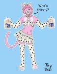  anthro avery_(tackykat) blue_eyes bottomwear clothing collar cowbell dialogue domestic_cat felid feline felis fur girly hair heart_shaped_fur hi_res legwear looking_at_viewer male mammal one_eye_closed pattern_clothing pink_body pink_fur pink_hair simple_background skirt solo spots spotted_clothing tackykat thigh_highs wink 