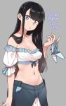  1girl 2021 agawa_ryou bangs bare_shoulders belly black_hair blue_eyes breasts dated english_commentary grey_background high_heels large_breasts long_hair looking_at_viewer midriff navel original parted_bangs parted_lips simple_background smile solo 