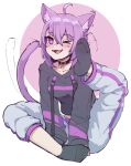  1girl animal_ear_fluff animal_ears black_collar black_hoodie cat_ears cat_girl cat_tail collar collarbone english_commentary foot_up highres hololive hood hoodie k-rha&#039;s looking_to_the_side nekomata_okayu one_eye_closed pants purple_eyes purple_hair reward_available scratching_head short_hair sitting socks soles solo sweatpants tail tail_wagging virtual_youtuber 