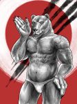  4_pecs abs absurd_res anthro black_and_white black_and_white_and_red body_hair chest_hair claws clothing daddy_kink digital_drawing_(artwork) digital_media_(artwork) digital_painting_(artwork) flirting_with_viewer hairy_arms hi_res kumamoto_(character) male mammal mecharoar monochrome moobs multi_pecs muscular muscular_anthro muscular_male pecs pubes simple_background solo speedo swimwear tattoo teeth_showing ursid vein veiny_arms watermark 