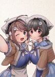  2girls ahoge apron artist_name black_hair blue_sailor_collar blue_serafuku blue_shirt blue_skirt blush braid brown_hair chougei_(kancolle) commentary cowboy_shot dated eyebrows_visible_through_hair grey_eyes hair_flaps hair_ornament hair_ribbon hair_rings headgear highres jingei_(kancolle) kantai_collection kirisawa_juuzou long_hair looking_at_viewer low_ponytail multiple_girls neckerchief one_eye_closed open_mouth pleated_skirt red_eyes ribbon sailor_collar shawl shirt skirt smile twin_braids uniform waist_apron white_apron white_background white_bandana white_neckerchief white_ribbon 