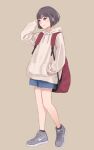  1girl backpack bag black_hair bob_cut brown_hair hand_in_hair hand_in_pocket highres hood hoodie kyak_bamboo nike original shoes short_hair shorts simple_background smile sneakers solo 