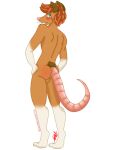  anthro balls bare_tail bite blue_eyes brown_body brown_fur brown_markings butt didelphid digital_drawing_(artwork) digital_media_(artwork) digitigrade ear_bite fur genitals grin hair hands_on_hips looking_at_viewer looking_back male mammal markings marsupial orange_body orange_fur orange_hair paws_on_hips pink_nose pink_tail rear_view slim smile smirk solo solo_focus whiskers white_body white_fur white_markings zer0rebel4 