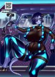 bdsm_outfit big_breasts blue_background breasts butt car clothed clothing curvy_figure demon demon_humanoid fan_character female genitals gloves hair handwear hi_res horn humanoid latex_clothing legwear nipples not_furry open_mouth penis race_car simple_background solo thepinkfury town vehicle 
