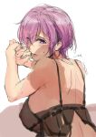  1girl absurdres areolae breasts facing_back fate/grand_order fate_(series) hair_over_one_eye highres knatb looking_at_viewer looking_back mash_kyrielight nipples pink_hair purple_eyes see-through short_hair solo white_background 