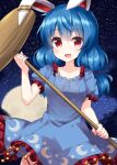  1girl :d animal_ears bangs blue_dress blue_hair breasts bunny_ears commentary_request cowboy_shot crescent_print dress ear_clip eyebrows_visible_through_hair full_moon highres holding holding_mallet kine long_hair looking_at_viewer low_twintails mallet medium_breasts moon night open_mouth outdoors red_eyes ruu_(tksymkw) seiran_(touhou) short_sleeves sky smile solo standing star_(sky) star_(symbol) star_print starry_sky touhou twintails yellow_moon 