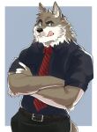  absurd_res anthro belt canid canine canis clothed clothing digital_media_(artwork) fur hi_res male mammal multicolored_body multicolored_fur naikuma necktie simple_background solo tongue wolf 