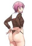  1girl absurdres adjusting_underwear ass back fate/grand_order fate_(series) hair_over_one_eye highres knatb mash_kyrielight pink_hair purple_eyes short_hair white_background 