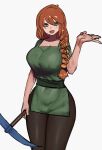  1girl :d absurdres alex_(minecraft) blush braid breasts curvy dress green_eyes highres holding_pickaxe large_breasts long_hair looking_at_viewer mano_(deew123) minecraft open_mouth orange_hair pickaxe smile solo standing sweat 