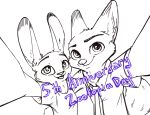  anthro canid canine clothed clothing disney duo english_text female fox fur judy_hopps judyhopps44 lagomorph leporid looking_at_viewer male mammal necktie open_mouth open_smile rabbit red_fox shirt simple_background smile t-shirt text topwear white_background zootopia 