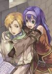  1boy 1girl ahoge bare_shoulders blue_hair book brown_hair detached_sleeves fingerless_gloves fire_emblem fire_emblem:_path_of_radiance fire_emblem:_radiant_dawn gloves green_eyes hairband headband long_hair mai_yukari mia_(fire_emblem) open_mouth purple_hair rhys_(fire_emblem) short_hair smile white_hairband 