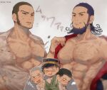  5boys abs ainu_clothes bara bare_pecs beard blush chest_hair chibi drunk facial_hair golden_kamuy hairy highres japanese_clothes kimono kiroranke large_pectorals male_focus mature_male multiple_boys muscular muscular_male navel_hair nipples ogata_hyakunosuke open_clothes open_kimono open_shirt rakko-nabe shiraishi_yoshitake short_hair sideburns sski0 stomach sugimoto_saichi sweatdrop tanigaki_genjirou undressing 