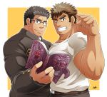  2boys bara black_hair book brown_hair collarbone facial_hair foreshortening gakuran glasses grin holding holding_book kengo_(tokyo_houkago_summoners) large_pectorals looking_at_viewer male_focus multiple_boys muscular muscular_male school_uniform shiro_(tokyo_houkago_summoners) shirt short_hair sideburns smile spiked_hair stubble sunfight0201 tokyo_houkago_summoners white_shirt 