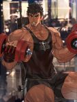  1boy bara bare_arms bare_pecs bare_shoulders biceps black_hair black_shorts black_tank_top blush bulge dark_skin dark_skinned_male dumbbell facial_hair gym highres indoors large_pectorals long_sideburns male_focus mature_male muscular muscular_male nikism nipples original reward_available short_hair shorts sitting smile solo stubble sweat tank_top thick_thighs thighs veins weightlifting 