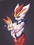  &lt;3 2021 absurd_res ambiguous_gender anthro beady_eyes big_breasts blush bodily_fluids breasts cinderace cooliehigh curvy_figure duo eyes_closed female hi_res hug larger_female muscular muscular_anthro muscular_female nintendo pok&eacute;mon pok&eacute;mon_(species) scorbunny size_difference smaller_ambiguous tears video_games wide_hips 