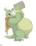  2021 absurd_res anthro belly big_belly bucket canson cape claws clothing crocodilian crown donkey_kong_(series) fangs green_body green_skin hi_res jewelry king_k._rool kremling male navel nintendo outie_navel overweight overweight_anthro overweight_male plantigrade reptile scalie sharp_teeth solo teeth video_games water yellow_body yellow_skin 