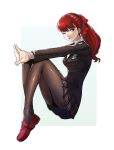  1girl ;p bangs black_jacket black_legwear bow breasts buttons commentary english_commentary eyebrows_visible_through_hair fingers_together hair_bow highres igusaharu jacket long_hair long_sleeves looking_at_viewer miniskirt one_eye_closed pantyhose persona persona_5 persona_5_the_royal ponytail red_bow red_eyes red_hair school_uniform shirt shuujin_academy_uniform simple_background sitting skirt smile solo tongue tongue_out uniform white_background white_shirt yoshizawa_kasumi 