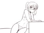  1girl analogue:_a_hate_story bikini blush boa_(brianoa) breasts cleavage closed_mouth glasses greyscale hate_plus hyun-ae looking_at_viewer monochrome navel ponytail shell shell_bikini solo swimsuit thigh_gap 