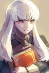  1girl bangs book book_hug brown_background closed_mouth commentary_request eyebrows_behind_hair fire_emblem fire_emblem:_three_houses garreg_mach_monastery_uniform highres holding holding_book long_hair long_sleeves lysithea_von_ordelia mimitonmimimi pink_eyes simple_background smile solo uniform upper_body white_hair 