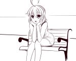  1girl ahoge andou_natsuki bench boa_(brianoa) greyscale hands_on_own_face kitakubu_katsudou_kiroku looking_at_viewer monochrome open_mouth short_hair sitting smile solo 