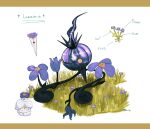  artist_name chandelure closed_mouth commentary_request flower gen_5_pokemon grass highres litwick lunarria no_humans orange_eyes pokemon pokemon_(creature) purple_flower roots signature smile white_background 