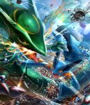  8686island anniversary battle black_sclera claws colored_sclera commentary_request copyright_name gen_3_pokemon highres legendary_pokemon no_humans open_mouth orange_eyes pokemon pokemon_(creature) rayquaza swampert tongue water water_drop 
