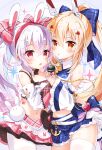  2girls animal_ears ayanami_(azur_lane) ayanami_(troubled_star_idol)_(azur_lane) azur_lane bangs bare_shoulders blush bow bunny_ears collarbone commentary_request detached_sleeves eyebrows_visible_through_hair eyes_visible_through_hair fake_animal_ears hair_bow hair_ornament hair_ribbon hairband hairclip headgear highres holding holding_microphone idol laffey_(azur_lane) laffey_(halfhearted_bunny_idol)_(azur_lane) long_hair looking_at_viewer microphone midriff multiple_girls navel orange_eyes parted_lips platinum_blonde_hair pleated_skirt ponytail red_eyes retrofit_(azur_lane) ribbon sidelocks skirt thighhighs twintails white_hair white_legwear wide_sleeves yukine zettai_ryouiki 