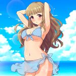  1girl :o armpits arms_behind_head arms_up bangs bikini blue_sarong blue_sky blunt_bangs blush breasts brown_hair cloud cloudy_sky commentary_request cowboy_shot eyebrows eyebrows_visible_through_hair front-tie_bikini front-tie_top highres horizon idolmaster idolmaster_cinderella_girls kamiya_nao large_breasts lens_flare long_hair looking_at_viewer melnia0916 ocean open_mouth purple_eyes sarong see-through sky solo standing string_bikini swimsuit wet 