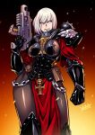  1girl adepta_sororitas armor bolt_pistol bolter chain embers english_commentary eyebrows_visible_through_hair fleur_de_lis gun highres holding holding_gun holding_weapon leggings looking_to_the_side pauldrons pouch power_armor rosary ryuusei_(mark_ii) scar scar_across_eye shoulder_armor signature sister_of_battle skull solo warhammer_40k weapon white_hair 