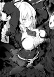  1girl ahoge arms_behind_head arms_up bangs blazblue blush braid breasts center_frills es_(xblaze) frills greyscale huge_ahoge large_breasts long_hair long_sleeves monochrome shiseki_hirame single_braid skirt underbust white_background xblaze 