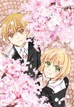  1boy 1girl bangs black_jacket blonde_hair brown_eyes brown_hair cardcaptor_sakura cherry_blossoms closed_mouth collared_shirt eyebrows_visible_through_hair flower from_above green_eyes hair_between_eyes hair_intakes jacket kanaoto_neiro kinomoto_sakura li_xiaolang long_sleeves looking_at_viewer looking_up necktie pink_flower school_uniform shirt short_hair short_hair_with_long_locks sidelocks smile spring_(season) tomoeda_elementary_school_uniform white_neckwear white_shirt wing_collar 