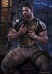  1boy arm_hair bara beard brown_hair brown_pants bulge chest_hair chris_redfield covered_abs facial_hair gun hairy harness highres holding holding_gun holding_weapon large_pectorals leg_hair looking_to_the_side male_focus marcus_(rnarccus) mature_male midriff_peek muscular muscular_male mustache navel navel_hair nipples pants rain realistic resident_evil resident_evil_5 reward_available shirt short_hair sideburns solo stubble taut_clothes taut_shirt thick_thighs thighs tight tight_pants torn_clothes torn_pants torn_shirt weapon weapon_request window 